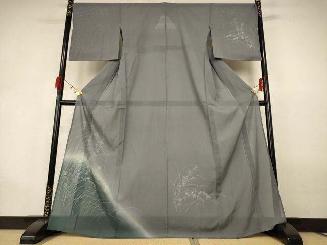 長閑やかさ屋御召しもの＊夏物 短い訪問着 絽 刺しゅう 顕花植物文 暈し染め 銀彩 正絹 珠玉 AABG9227jd