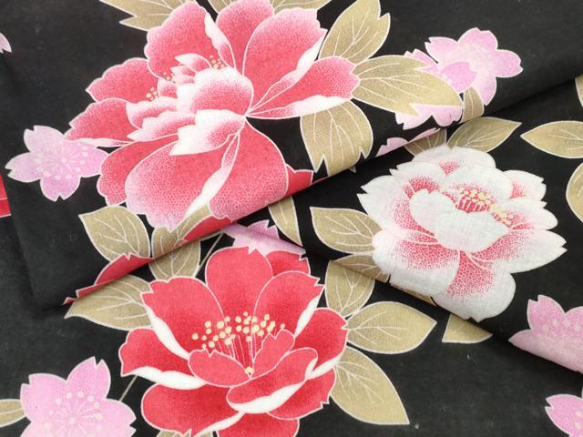 平和屋着物∴夏物 浴衣 舞牡丹花文 黒地 綿 逸品 未使用 CABD2657ng