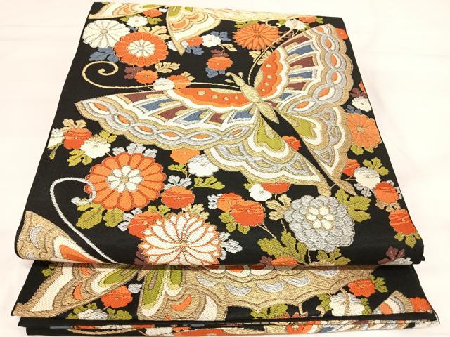 長閑やかさ屋お召しもの◎六通柄袋帯 唐織 花蝶文 黒地 現ナマ糸 正絹 珠玉 AABI1094yx