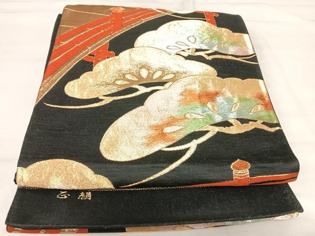 長閑やかさ屋お召しもの◎六通柄袋帯 唐織 松 黒地 金糸 正絹 珠玉 AABI1134yx