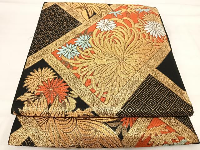長閑やかさ屋お召しもの◎六通柄袋帯 唐織 顕花植物文 黒地 金糸 正絹 珠玉 AABI1140yx