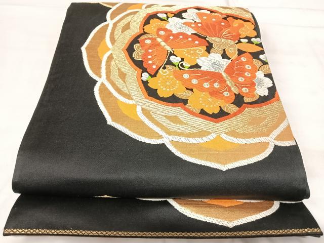 長閑やかさ屋お召しもの◎六通柄袋帯 唐織 花蝶文 黒地 現ナマ糸 正絹 珠玉 AABI1142yx