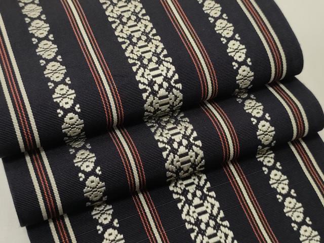 平和屋着物●本場筑前博多織　両面　半幅帯　献上柄/縞　正絹　逸品　CABI5191ak｜平和屋