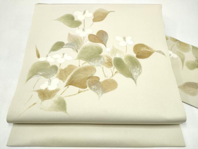 平和屋着物●塩瀬　九寸名古屋帯　手描き　枝花文　金彩　正絹　逸品　CABI8902hy｜平和屋