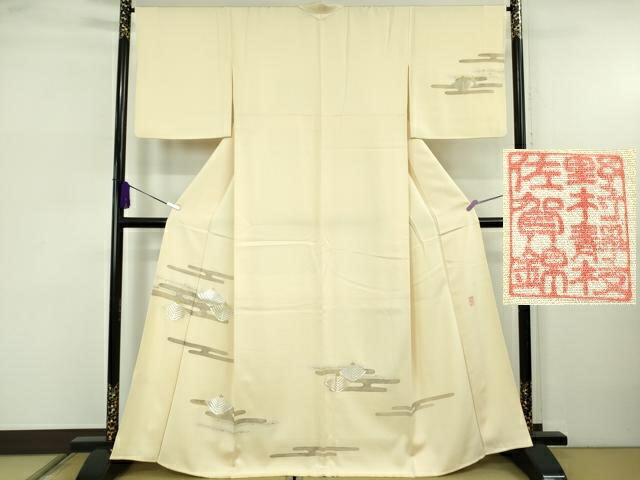 平和屋本店●希少　皇室献上作家　野村静枝　佐賀錦　訪問着　エ霞松葉文　鳥の子色地　金銀糸　反端付き　逸品　未使用　DZAB5808kh6｜平和屋 234,000円