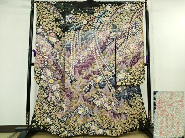 長閑やかさ屋中央局●御前上等 越後十日町の第一級染匠 桐屋・翠山制作室 振袖 辻が花 黒地 暈し染め 金彩 金通し地 珠玉 DZAB5818kh6
