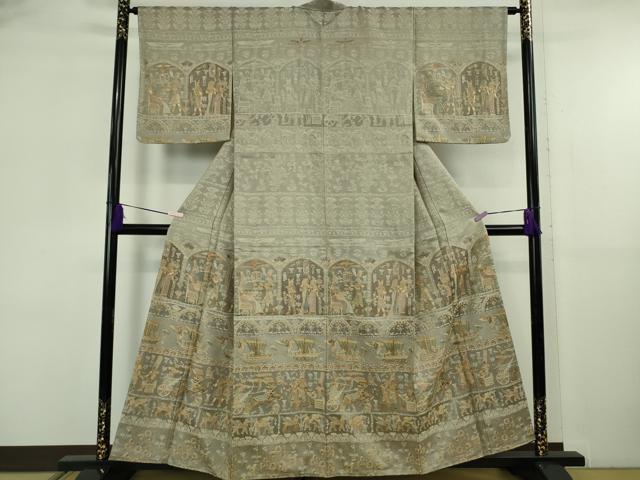 長閑やかさ屋中央局●御前上等 中国三大刺しゅう スワトウ刺しゅう 汕頭刺繍 短い訪問着 天目織 御召しもの地 エジプト・アラブ共和国壁画文様 茶薄墨色地 金糸 珠玉 未当て嵌める DZAB5825kh6