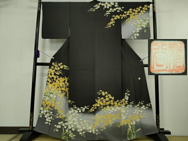 長閑やかさ屋中央局●より良い 高家染元 秀美 十日町友禅 短い訪問着 鈴蘭 すずらん 黒地 暈し染め 珠玉 DZAB5855kh6