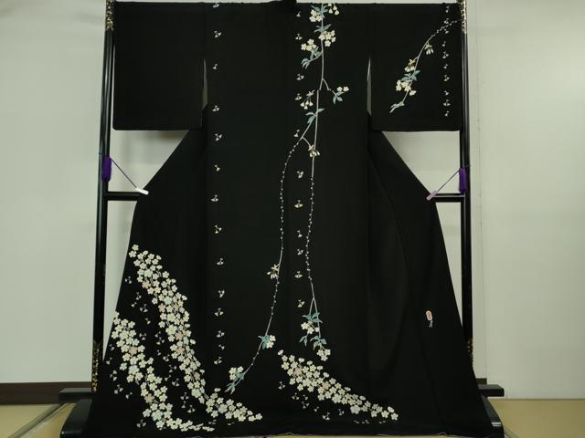 長閑やかさ屋中央局●御前上等 本加賀友禅絵書き 寺井英世 短い訪問着 かすみ 黒地 ロング丈 証紙付き添い人 珠玉 未当て嵌める DZAB5907kh6