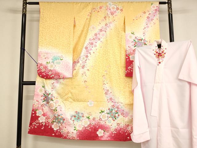 長閑やかさ屋お召しもの[]七五三 御姉さん ７歳 祝着 四つ身 長襦袢(単衣・半衿刺しゅう)仕掛ける 駒刺しゅう 舞桜文 暈し染め 金彩 珠玉 AABG3384ja