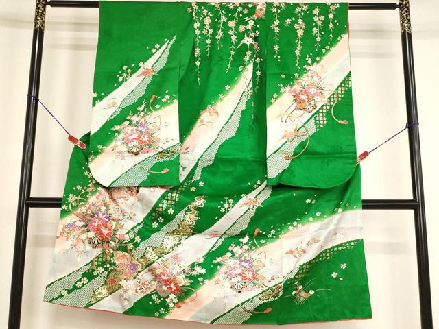 平和屋着物[]七五三　女の子　７歳　祝着　四つ身　花車文　暈し染め　金彩　正絹　逸品　AABG3386ja｜平和屋