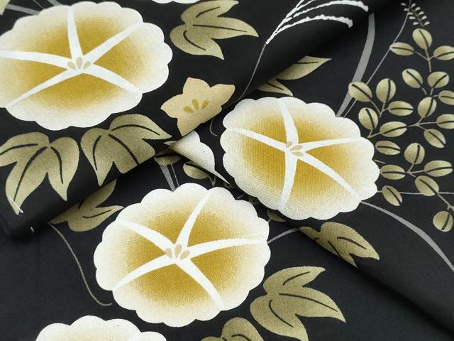 平和屋着物∴夏物 浴衣 朝顔 草花文 黒地 綿 逸品 未使用 CABD2791ng