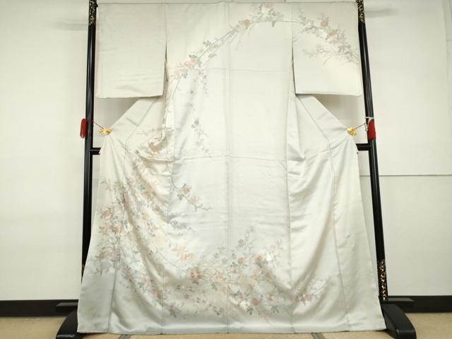 長閑やかさ屋御召しもの●短い訪問着 総刺しゅう 翠山刺しゅう 枝花文 暈し染め ロング丈 正絹 珠玉 AABI2524cs