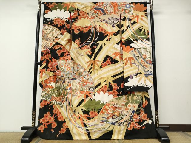 平和屋本店●アンティーク　大正ロマン　振袖　駒刺繍　檜扇松竹梅文　黒地　金彩　正絹　逸品　CABG5231ut｜平和屋 46,800円