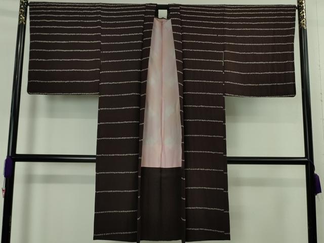 長閑やかさ屋御召しもの∞飛び切り 長羽織 絞り 横縞 黒紅色地 珠玉 DZAB5143kh6