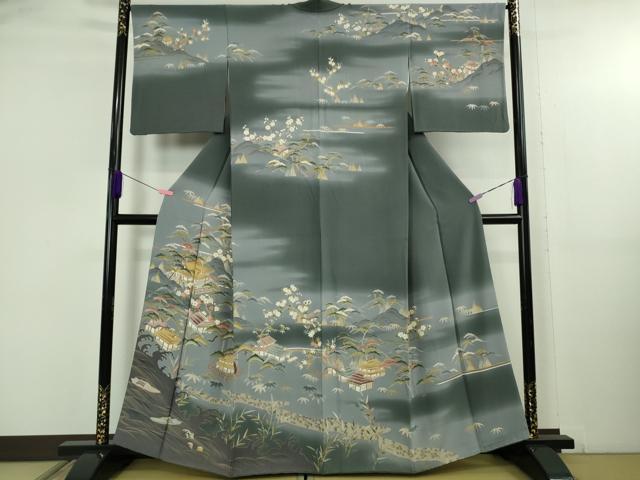 平和屋着物●極上　訪問着　友禅　吉祥花風景　藍墨茶色地　暈し染め　逸品　DZAB5159kh6｜平和屋