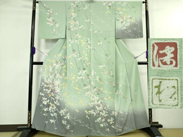 長閑やかさ屋御召しもの●飛び切り 京加賀友禅 松本健一 短い訪問着 枝垂れ花 裏葉柳色地 暈し染め 珠玉 DZAB5164kh6