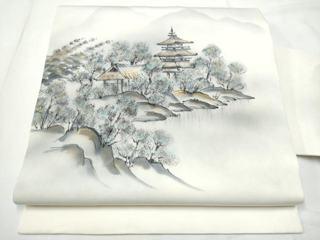 平和屋着物●内山晴祥　塩瀬　九寸名古屋帯　手描き　風景文　金彩　正絹　逸品　CABE8625hy｜平和屋