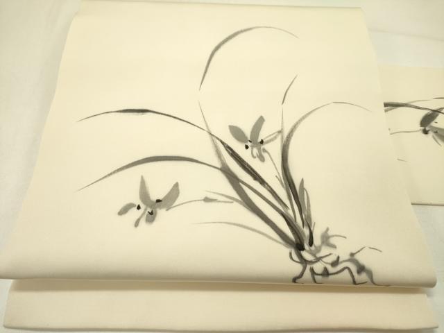 平和屋着物●塩瀬　九寸名古屋帯　手描き　草花　正絹　逸品　DABE1027op｜平和屋