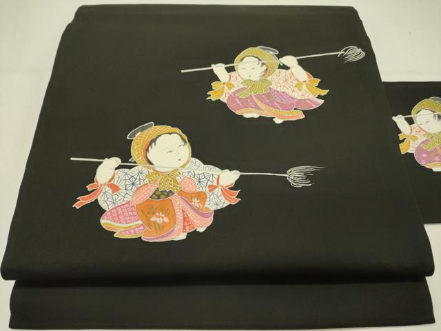 平和屋着物●塩瀬　九寸名古屋帯　童子　黒地　逸品　DABE1078op｜平和屋
