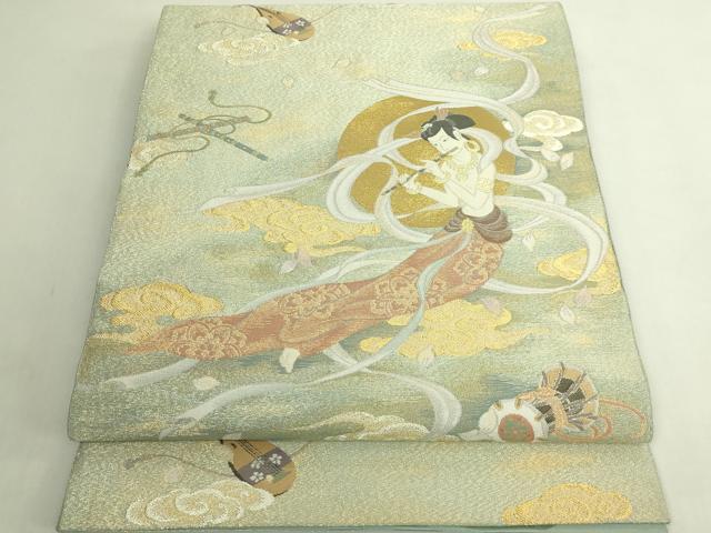 長閑やかさ屋中央局●御前上等 領域的友禅絵書き 千地泰弘 綴れ 両面 膜鳴楽器柄袋帯 御天道様飛天之図 現ナマ糸 珠玉 DZAB6434kh6