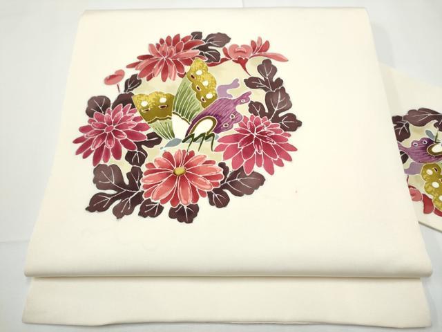 平和屋着物●塩瀬　九寸名古屋帯　型染め　花蝶文　正絹　逸品　CABE0363hy｜平和屋