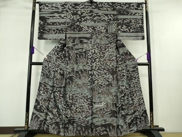 長閑やかさ屋中央局●御前上等 築き上げる200年・7代目永治屋清左衛門 短い訪問着 お召しもの地 水辺見晴らし花文 紫黒いこと地 珠玉 DZAB6507kh6