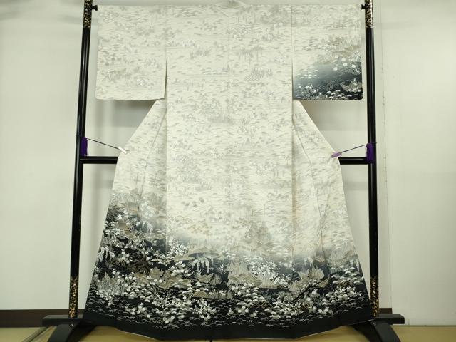 長閑やかさ屋中央局●より良い 中国三大刺しゅう スワトウ刺しゅう 汕頭刺繍 短い訪問着 人となり見晴らし花文 アイヴォリー色地 暈し染め 金糸 珠玉 DZAB6515kh6