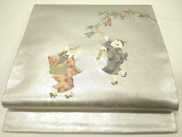 長閑やかさ屋御召しもの●膜鳴楽器柄袋帯 小わっぱ 文月七夕さん プラチナ箔 正絹 珠玉 未当て嵌める DABE1022op