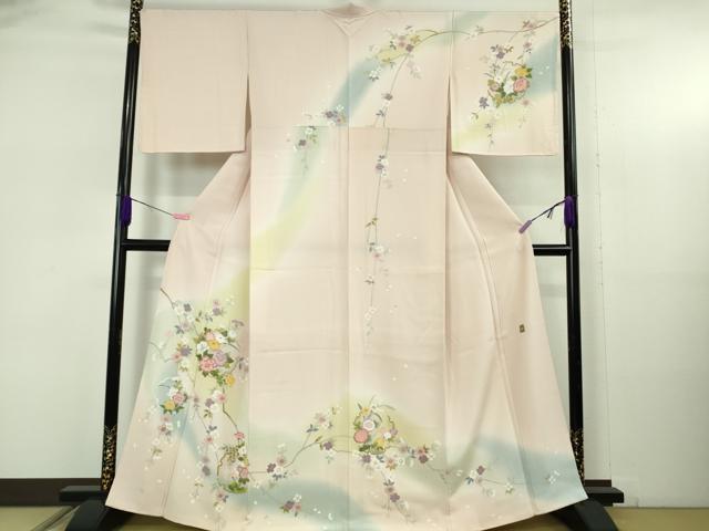 長閑やかさ屋御召しもの●飛び切り 短い訪問着 友禅 絵描き物 雪輪花文 薄サクラ色地 暈し染め 珠玉 未当て嵌める DZAB5380kh6