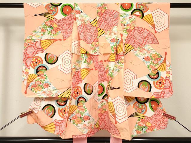平和屋着物[]七五三　女の子　３歳　祝着　三つ身　扇面飛鶴花文　金彩　逸品　DABC5231ma｜平和屋