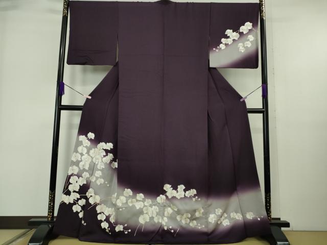 長閑やかさ屋中央局●より良い 短い訪問着 総手刺しゅう 夢見鳥蘭 深紫色地 暈し染め 金糸 珠玉 DZAB6519kh6