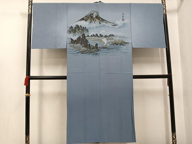 平和屋着物●男性 長襦袢 袷 作家物 手描き 富士山 樹林 暈し染め 金彩 正絹 逸品 未使用 AABH4116ph|平和屋