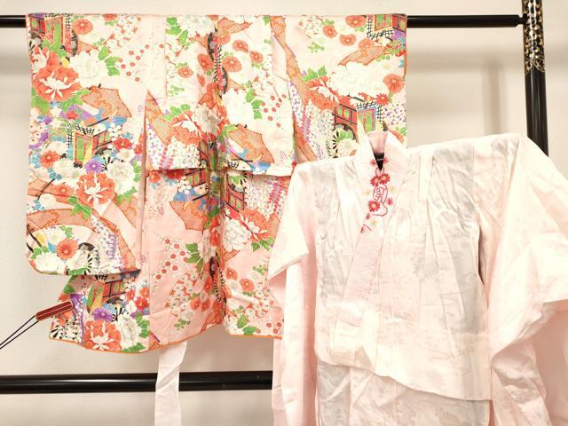 平和屋着物[]七五三　女の子　３歳　祝着　三つ身　長襦袢(無双仕立て・半衿刺繍)セット　御所車花文　金彩　逸品　DABC5416ma｜平和屋