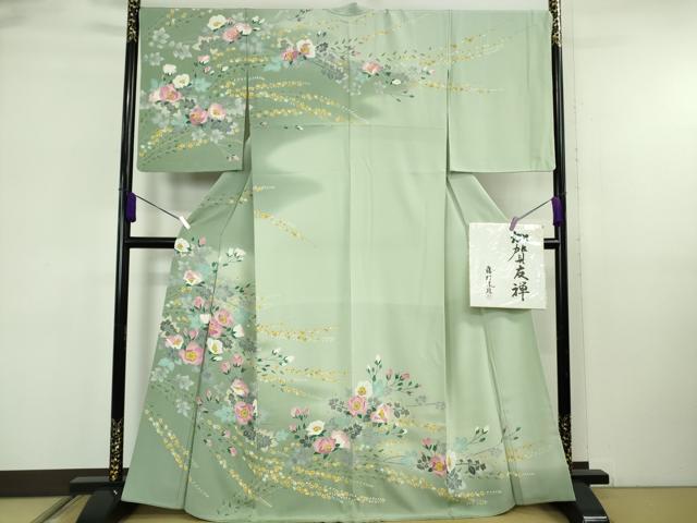 長閑やかさ屋中央局●御前上等 本加賀友禅文筆家 藤村達雄 短い訪問着 枝花文 暈し染め 夏虫色地 色紙付き添い人 珠玉 DZAB6522kh6