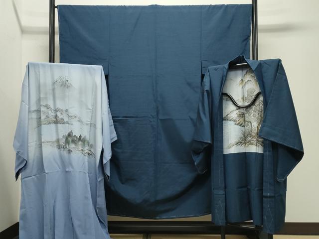 長閑やかさ屋御召しもの●成人男性 紬 合奏団・長襦袢書き割り 色無地 青藍色 正絹 珠玉 未当て嵌める CABD9179gh