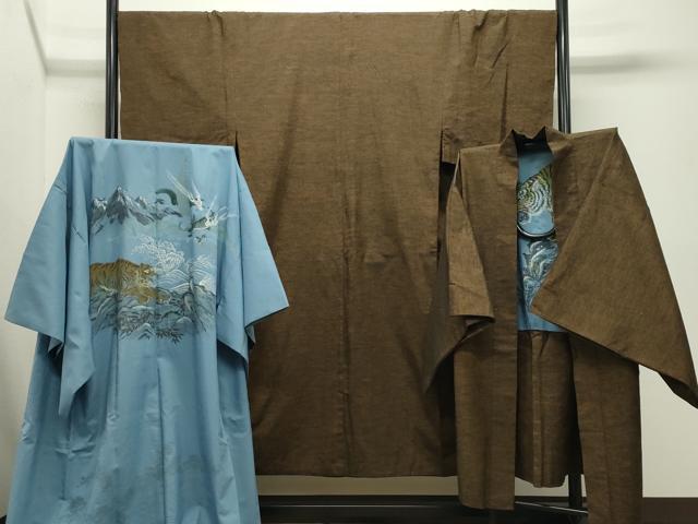 長閑やかさ屋御召しもの●成人男性 紬 合奏団・長襦袢書き割り 霞文 正絹 珠玉 CABD9180gh