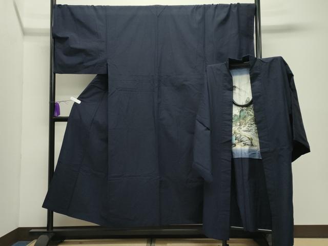長閑やかさ屋お召しもの●成人男性 紬 合奏団 色無地 まっ黒色 キングサイズ 正絹 珠玉 CABD9090gh