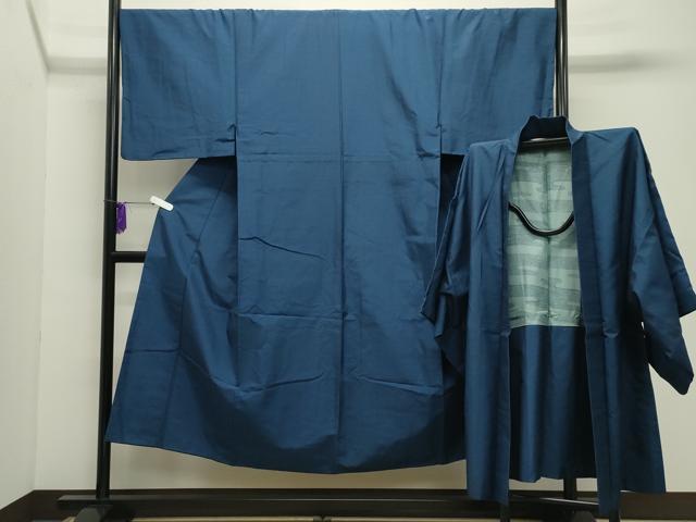 長閑やかさ屋お召しもの●成人男性 紬 合奏団 網代織り 青藍色 正絹 珠玉 CABD9095gh