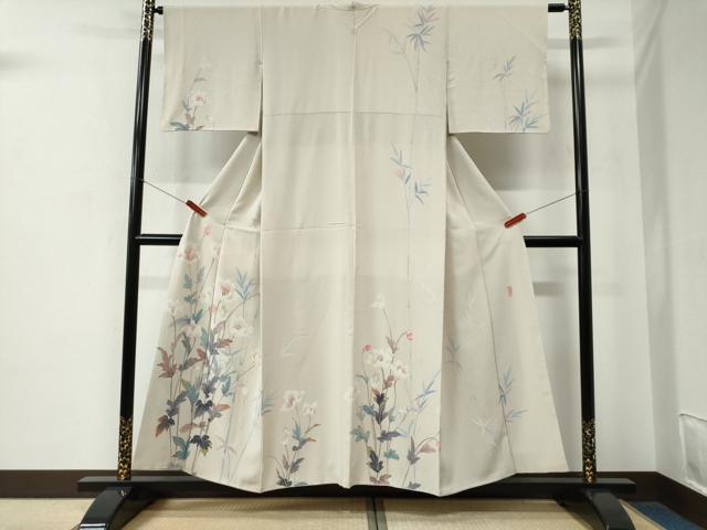 長閑やかさ屋御召しもの●短い訪問着 友禅 絵描き物 被子植物文 正絹 珠玉 CABE2613yc