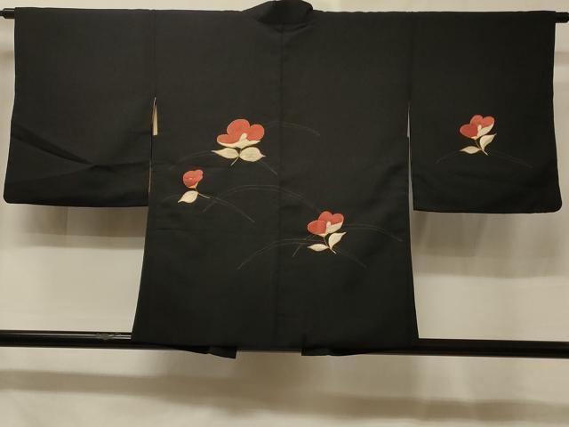 平和屋着物＃羽織　駒刺繍　総刺繍　草花文　黒地　金糸　正絹　逸品　CABE5594in｜平和屋