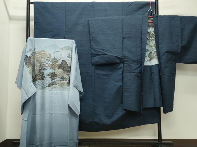 長閑やかさ屋御召しもの●成人男性 紬 合奏団・長襦袢書き割り 霞文 正絹 珠玉 CABD9088gh