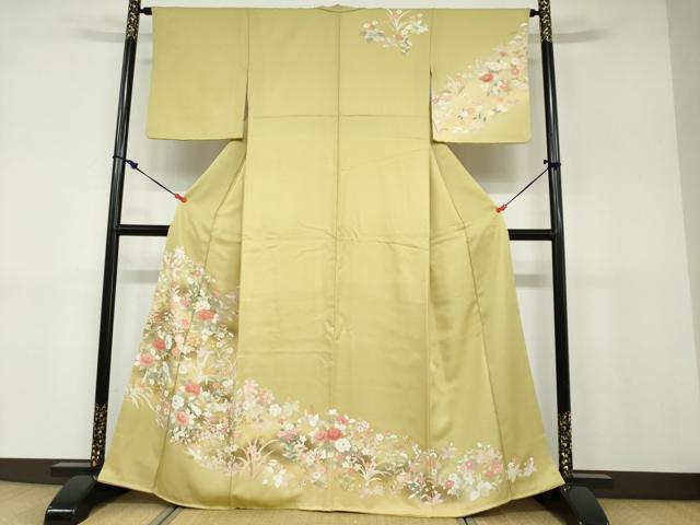 長閑やかさ屋御召しもの●短い訪問着 駒刺しゅう 被子植物文 金彩 正絹 珠玉 DABD9127ud