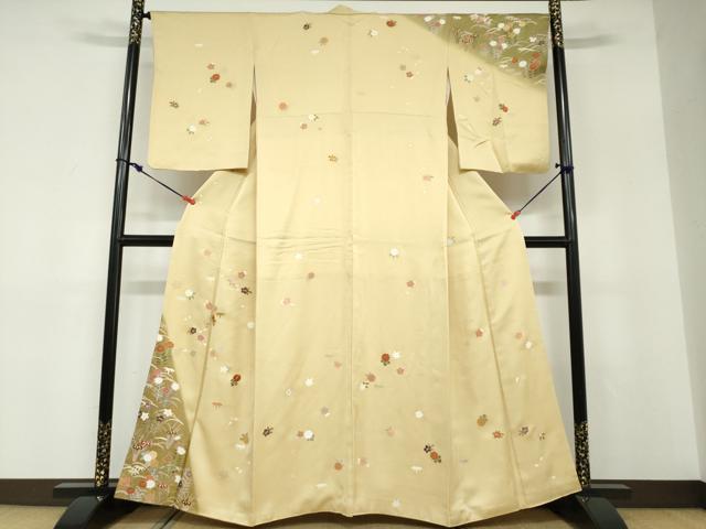 長閑やかさ屋御召しもの●短い訪問着 駒刺しゅう 被子植物文 金彩 正絹 珠玉 DABD9148ud