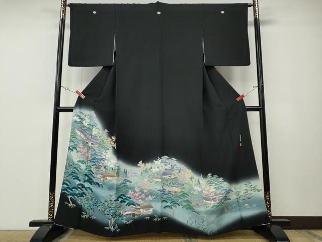 長閑やかさ屋御召しもの●晴れ晴れしい黒留袖 友禅 絵描き物 見晴らし被子植物文 暈し染め 正絹 珠玉 CABE7081ut