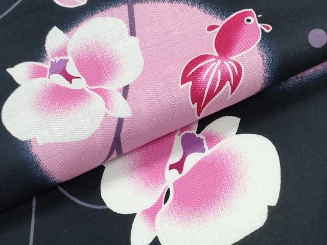 平和屋着物∴夏物 浴衣 金魚 胡蝶蘭 黒地 綿 逸品 CABE8868ng