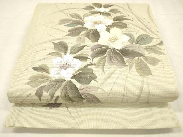長閑やかさ屋御召しもの＊夏物 膜鳴楽器柄 本袋帯 絵描き物 墨付き 刺しゅう 被子植物文 銀彩 正絹 珠玉 DABD6671糎