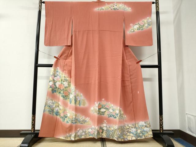 長閑やかさ屋御召しもの●短い訪問着 絵描き物 名取り草被子植物文 暈し染め 現ナマ彩 正絹 珠玉 CABE2516yc