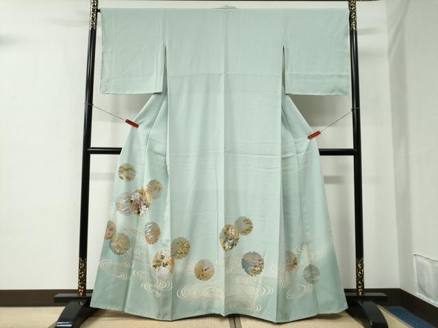 長閑やかさ屋御召しもの●色留短い訪問着 駒刺しゅう 水流雪輪鼓飛鶴名取り草花文 暈し染め 金彩 正絹 珠玉 CABE2518yc