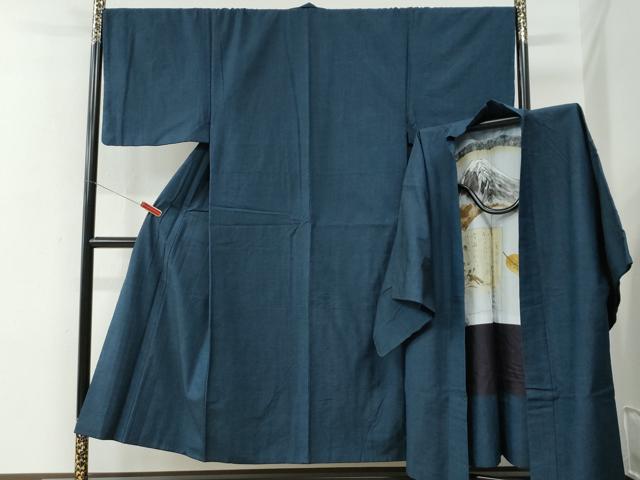 平和屋着物●男性　紬　アンサンブル　色無地　濃紺地　正絹　逸品　CABE2602yc｜平和屋